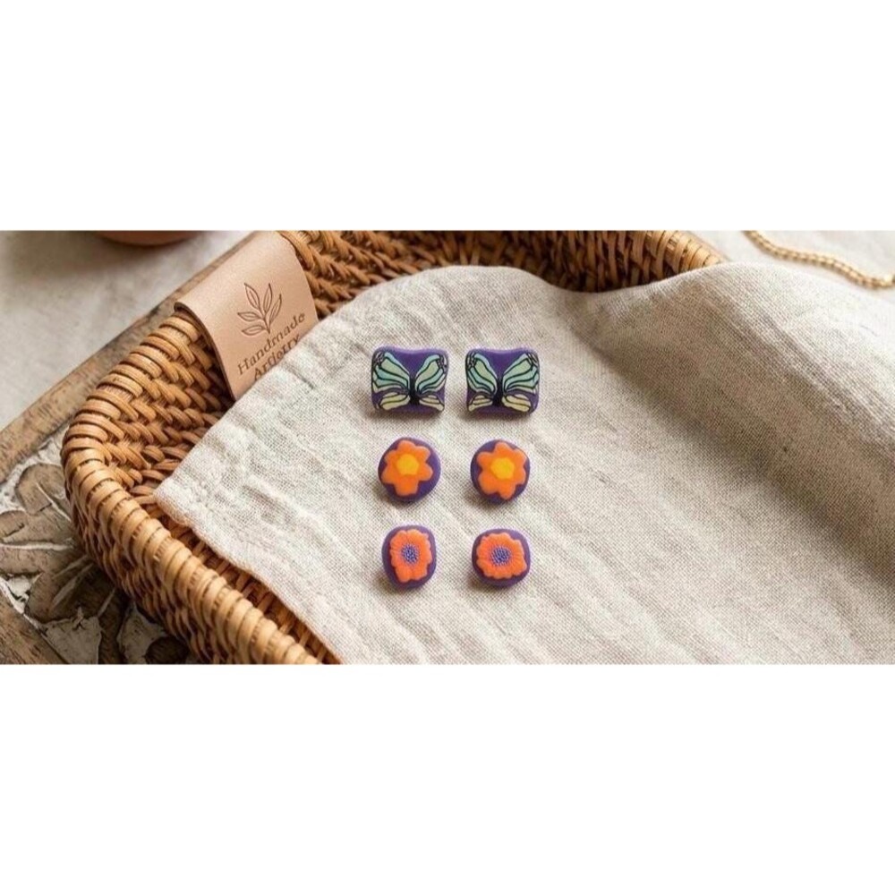 Colorful Stud Earrings Set | Butterfly & Flower Clay | Gift for Mom